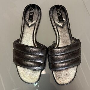 Zara Metallic Silver Slide Sandals